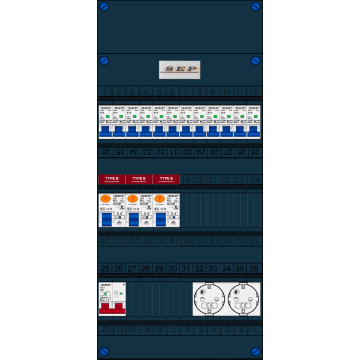 Schotman Elektro B.V. - SEP FS63A, 1xHoofdschakelaar, 3xAardlekschakelaar-Type B, 12xInstallatieautomaat, 2xContactdoos, 1 Fase
