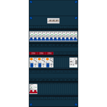 Schotman Elektro B.V. - SEP FS63A, 1xHoofdschakelaar, 3xAardlekschakelaar-Type B, 12xInstallatieautomaat, 1xBeltrafo, 1 Fase