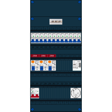 Schotman Elektro B.V. - SEP FS63A, 1xHoofdschakelaar, 3xAardlekschakelaar-Type B, 12xInstallatieautomaat, 1xBeltrafo, 1xContactdoos, 1 Fase