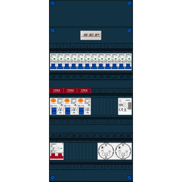 Schotman Elektro B.V. - SEP FS63A, 1xHoofdschakelaar, 3xAardlekschakelaar-Type B, 12xInstallatieautomaat, 1xBeltrafo, 2xContactdoos, 1 Fase