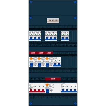 Schotman Elektro B.V. - SEP FS63A, 1xHoofdschakelaar, 4xAardlekschakelaar-Type B, 8xInstallatieautomaat, 1xFornuisgroep, 1xKrachtgroep, 3 Fase