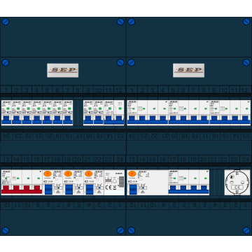 Schotman Elektro B.V. - SEP FS63A, 1xHoofdschakelaar, 3xAardlekschakelaar, 9xInstallatieautomaat, 4xkracht installatieautomaat, 1xFornuisgroep, 1xBeltrafo, 1xContactdoos, 3 Fase