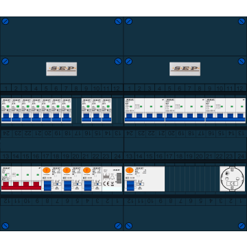 Schotman Elektro B.V. - SEP FS63A, 1xHoofdschakelaar, 3xAardlekschakelaar, 10xInstallatieautomaat, 3xkracht installatieautomaat, 1xBeltrafo, 1xContactdoos, 3 Fase