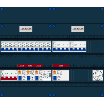Schotman Elektro B.V. - SEP FS63A, 1xHoofdschakelaar, 4xAardlekschakelaar-Type B, 12xInstallatieautomaat, 2xKrachtgroep, 1xBeltrafo, 1xContactdoos, 3 Fase