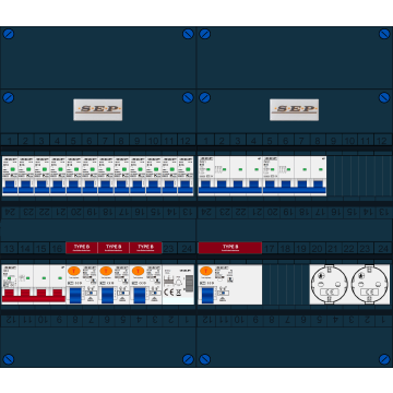 Schotman Elektro B.V. - SEP FS63A, 1xHoofdschakelaar, 4xAardlekschakelaar-Type B, 12xInstallatieautomaat, 2xKrachtgroep, 1xBeltrafo, 2xContactdoos, 3 Fase