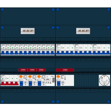 Schotman Elektro B.V. - SEP FS63A, 1xHoofdschakelaar, 4xAardlekschakelaar-Type B, 12xInstallatieautomaat, 3xKrachtgroep, 1xBeltrafo, 1xContactdoos, 3 Fase