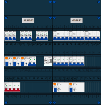 Schotman Elektro B.V. - SEP FS63A, 1xHoofdschakelaar, 5xAardlekschakelaar, 9xInstallatieautomaat, 5xkracht installatieautomaat, 1xFornuisgroep, 1xBeltrafo, 3 Fase