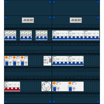 Schotman Elektro B.V. - SEP FS63A, 1xHoofdschakelaar, 5xAardlekschakelaar, 9xInstallatieautomaat, 5xkracht installatieautomaat, 1xBeltrafo, 1xContactdoos, 3 Fase