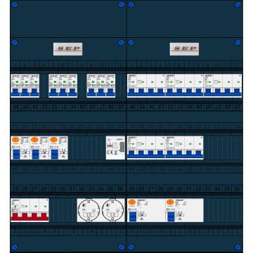 Schotman Elektro B.V. - SEP FS63A, 1xHoofdschakelaar, 5xAardlekschakelaar, 9xInstallatieautomaat, 5xkracht installatieautomaat, 1xBeltrafo, 2xContactdoos, 3 Fase