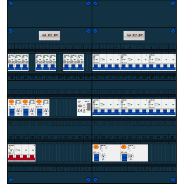 Schotman Elektro B.V. - SEP FS63A, 1xHoofdschakelaar, 5xAardlekschakelaar, 9xInstallatieautomaat, 6xkracht installatieautomaat, 1xBeltrafo, 3 Fase