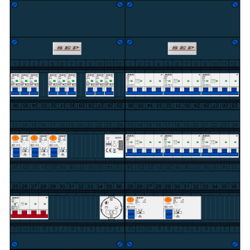 Schotman Elektro B.V. - SEP FS63A, 1xHoofdschakelaar, 5xAardlekschakelaar, 9xInstallatieautomaat, 6xkracht installatieautomaat, 1xBeltrafo, 1xContactdoos, 3 Fase