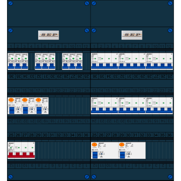 Schotman Elektro B.V. - SEP FS63A, 1xHoofdschakelaar, 5xAardlekschakelaar, 9xInstallatieautomaat, 6xkracht installatieautomaat, 3 Fase