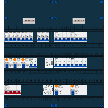 Schotman Elektro B.V. - SEP FS63A, 1xHoofdschakelaar, 5xAardlekschakelaar, 10xInstallatieautomaat, 4xkracht installatieautomaat, 1xFornuisgroep, 1xBeltrafo, 1xContactdoos, 3 Fase