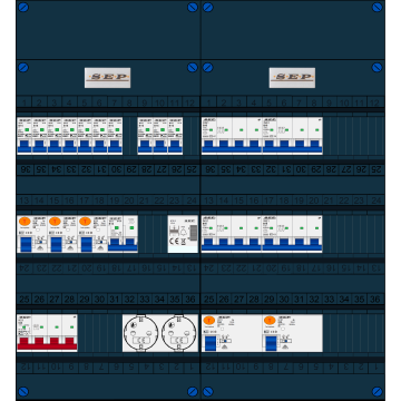 Schotman Elektro B.V. - SEP FS63A, 1xHoofdschakelaar, 5xAardlekschakelaar, 10xInstallatieautomaat, 4xkracht installatieautomaat, 1xFornuisgroep, 1xBeltrafo, 2xContactdoos, 3 Fase