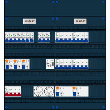 Schotman Elektro B.V. - SEP FS63A, 1xHoofdschakelaar, 5xAardlekschakelaar, 10xInstallatieautomaat, 4xkracht installatieautomaat, 1xBeltrafo, 2xContactdoos, 3 Fase