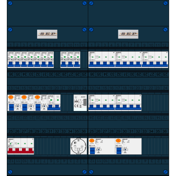 Schotman Elektro B.V. - SEP FS63A, 1xHoofdschakelaar, 5xAardlekschakelaar, 10xInstallatieautomaat, 5xkracht installatieautomaat, 1xFornuisgroep, 1xBeltrafo, 1xContactdoos, 3 Fase