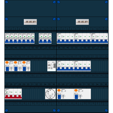 Schotman Elektro B.V. - SEP FS63A, 1xHoofdschakelaar, 5xAardlekschakelaar, 10xInstallatieautomaat, 5xkracht installatieautomaat, 1xBeltrafo, 1xContactdoos, 3 Fase