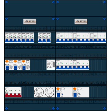 Schotman Elektro B.V. - SEP FS63A, 1xHoofdschakelaar, 5xAardlekschakelaar, 10xInstallatieautomaat, 5xkracht installatieautomaat, 1xBeltrafo, 2xContactdoos, 3 Fase