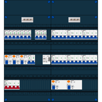 Schotman Elektro B.V. - SEP FS63A, 1xHoofdschakelaar, 5xAardlekschakelaar, 10xInstallatieautomaat, 6xkracht installatieautomaat, 1xFornuisgroep, 1xBeltrafo, 3 Fase