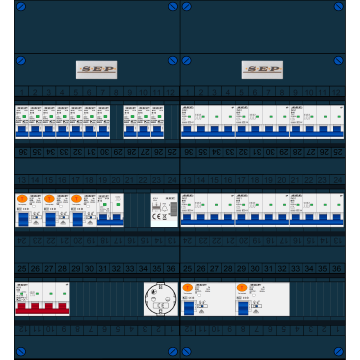 Schotman Elektro B.V. - SEP FS63A, 1xHoofdschakelaar, 5xAardlekschakelaar, 10xInstallatieautomaat, 6xkracht installatieautomaat, 1xFornuisgroep, 1xBeltrafo, 1xContactdoos, 3 Fase