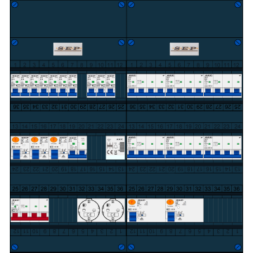 Schotman Elektro B.V. - SEP FS63A, 1xHoofdschakelaar, 5xAardlekschakelaar, 10xInstallatieautomaat, 6xkracht installatieautomaat, 1xFornuisgroep, 1xBeltrafo, 2xContactdoos, 3 Fase