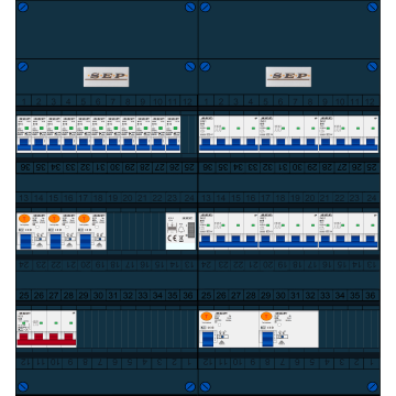 Schotman Elektro B.V. - SEP FS63A, 1xHoofdschakelaar, 5xAardlekschakelaar, 11xInstallatieautomaat, 6xkracht installatieautomaat, 1xBeltrafo, 3 Fase