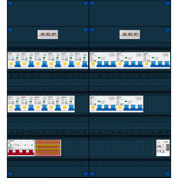 Schotman Elektro B.V. - SEP FS63A, 1xHoofdschakelaar, 11xAardlekautomaat, 5xKracht aardlekautomaat, 1xBeltrafo, 3 Fase
