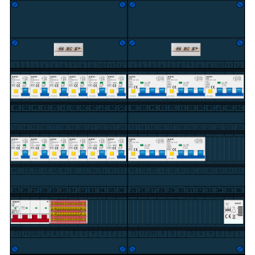 Schotman Elektro B.V. - SEP FS63A, 1xHoofdschakelaar, 12xAardlekautomaat, 5xKracht aardlekautomaat, 1xBeltrafo, 3 Fase