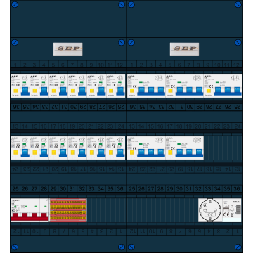 Schotman Elektro B.V. - SEP FS63A, 1xHoofdschakelaar, 12xAardlekautomaat, 5xKracht aardlekautomaat, 1xBeltrafo, 1xContactoos, 3 Fase
