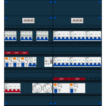 Schotman Elektro B.V. - SEP FS63A, 1xHoofdschakelaar, 5xAardlekschakelaar-Type B, 9xInstallatieautomaat, 1xFornuisgroep, 6xKrachtgroep, 1xBeltrafo, 2xContactdoos, 3 Fase