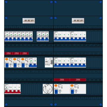 Schotman Elektro B.V. - SEP FS63A, 1xHoofdschakelaar, 5xAardlekschakelaar-Type B, 10xInstallatieautomaat, 1xFornuisgroep, 4xKrachtgroep, 1xBeltrafo, 1xContactdoos, 3 Fase