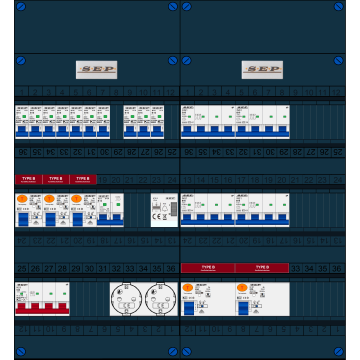 Schotman Elektro B.V. - SEP FS63A, 1xHoofdschakelaar, 5xAardlekschakelaar-Type B, 10xInstallatieautomaat, 1xFornuisgroep, 4xKrachtgroep, 1xBeltrafo, 2xContactdoos, 3 Fase