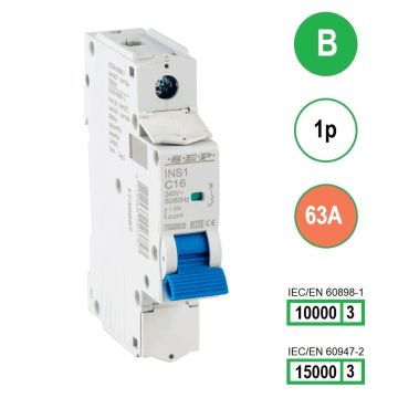 SEP INS1-1B63 installatieautomaat 1-polig 63A B-karakteristiek met verzegelbare aansluitafdekking