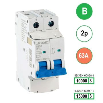 SEP INS1-2B63 installatieautomaat 2-polig 63A B-karakteristiek met verzegelbare aansluitafdekking