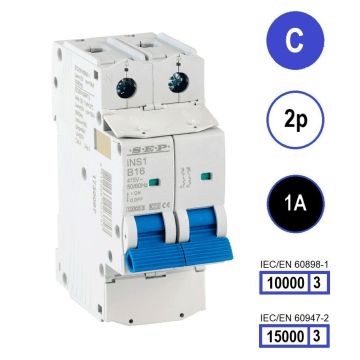 SEP INS1-2C01 installatieautomaat 2-polig 1A C-karakteristiek met verzegelbare aansluitafdekking