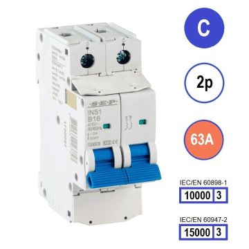 SEP INS1-2C63 installatieautomaat 2-polig 63A C-karakteristiek met verzegelbare aansluitafdekking