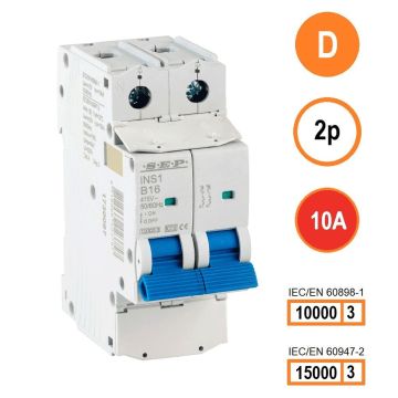 SEP INS1-2D10 installatieautomaat 2-polig 10A D-karakteristiek met verzegelbare aansluitafdekking