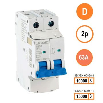 SEP INS1-2D63 installatieautomaat 2-polig 63A D-karakteristiek met verzegelbare aansluitafdekking