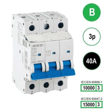 SEP INS1-3B40 installatieautomaat 3-polig 40A B-karakteristiek met verzegelbare aansluitafdekking
