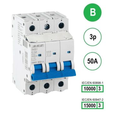 SEP INS1-3B50 installatieautomaat 3-polig 50A B-karakteristiek met verzegelbare aansluitafdekking