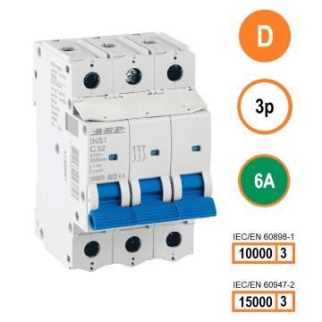 SEP INS1-3D06 installatieautomaat 3-polig 6A D-karakteristiek met verzegelbare aansluitafdekking