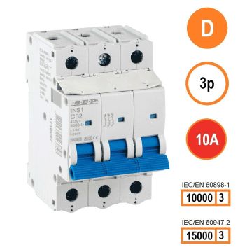 SEP INS1-3D10 installatieautomaat 3-polig 10A D-karakteristiek met verzegelbare aansluitafdekking