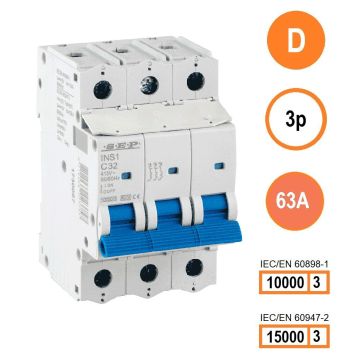 SEP INS1-3D63 installatieautomaat 3-polig 63A D-karakteristiek met verzegelbare aansluitafdekking