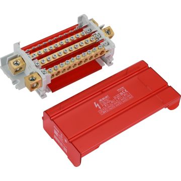 SEP Europe R412/160 verdeelblok 160A 4-polig – externe messing aansluitrail zichtbaar met rode kap verwijderd