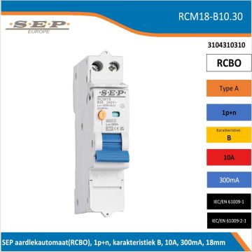 Schotman Elektro B.V. – SEP spanningsonafhankelijke aardlekautomaat, B-kar, 10A, 300mA, 18mm, 1 module