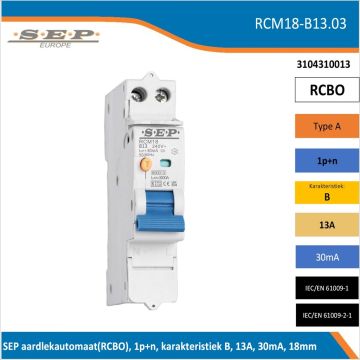Schotman Elektro B.V. – SEP spanningsonafhankelijke aardlekautomaat, B-kar, 13A, 30mA, 18mm, 1 module