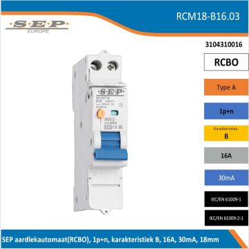 Schotman Elektro B.V. – SEP spanningsonafhankelijke aardlekautomaat, B-kar, 16A, 30mA, 18mm, 1 module