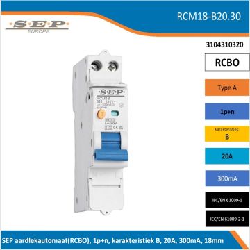 Schotman Elektro B.V. – SEP spanningsonafhankelijke aardlekautomaat, B-kar, 20A, 300mA, 18mm, 1 module