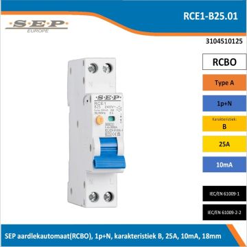 SEP RCE1-B25.01 aardlekautomaat RCBO 1P+N, B-karakteristiek, 25A, 10mA, 6kA - artikelnummer 3104510125 - spanningsafhankelijk - 18mm breed