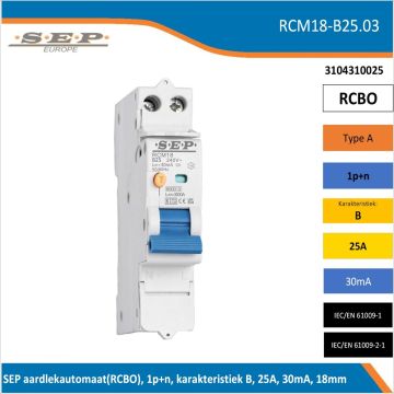 Schotman Elektro B.V. – SEP spanningsonafhankelijke aardlekautomaat, B-kar, 25A, 30mA, 18mm, 1 module